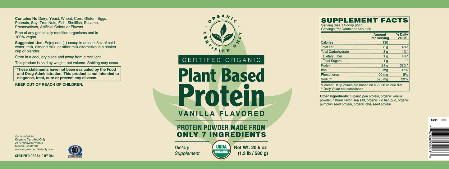Certified Organic Plant Based Protein - Vanilla