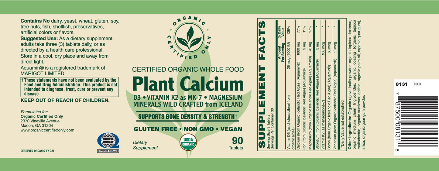 Certified Organic Whole Food Plant Calcium (90 Tab)