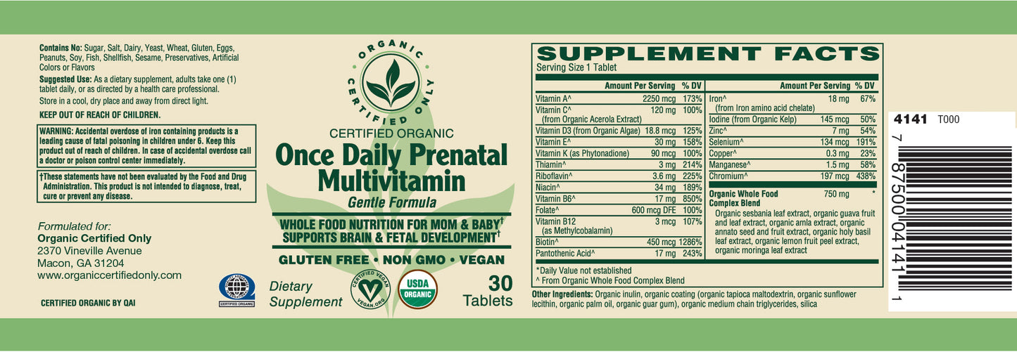 Certified Organic Once Daily Prenatal Multi (30 Tab)