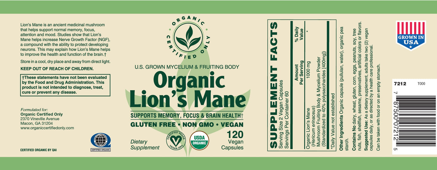 Certified Organic Lions Mane (120 Cap)