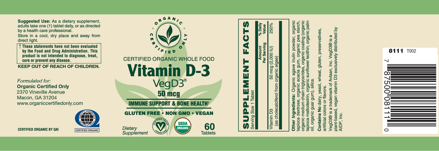 Certified Organic Whole Food Vit D-3, 50mcg (2,000 IU)