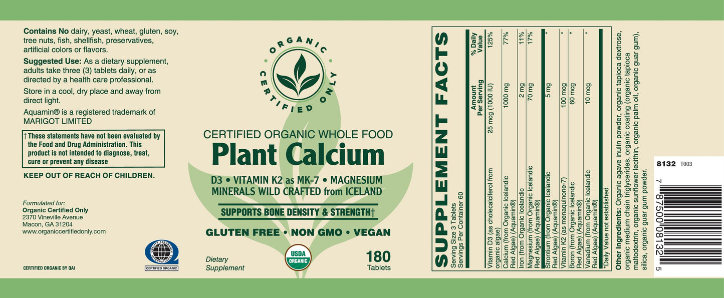 Certified Organic Whole Food Plant Calcium (180 Tab)