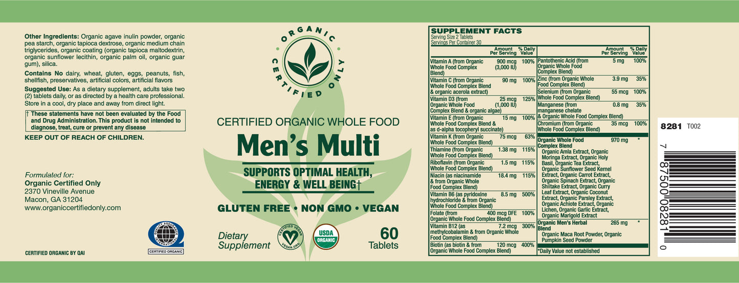 Certified Organic Whole Food Men's Multi (60 Tab)