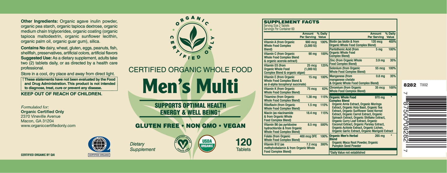Certified Organic Whole Food Men's Multi (120 Tab)