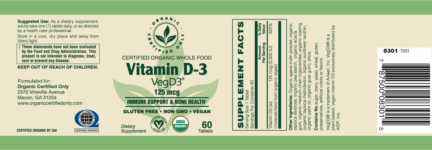 Certified Organic Whole Food Vit D-3, 125mcg (5,000 IU)