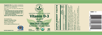 Certified Organic Whole Food Vit D-3, 125mcg (5,000 IU)
