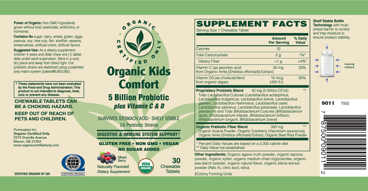 Certified Organic Kids Comfort 5 Billion Probiotic - Chewable Berry