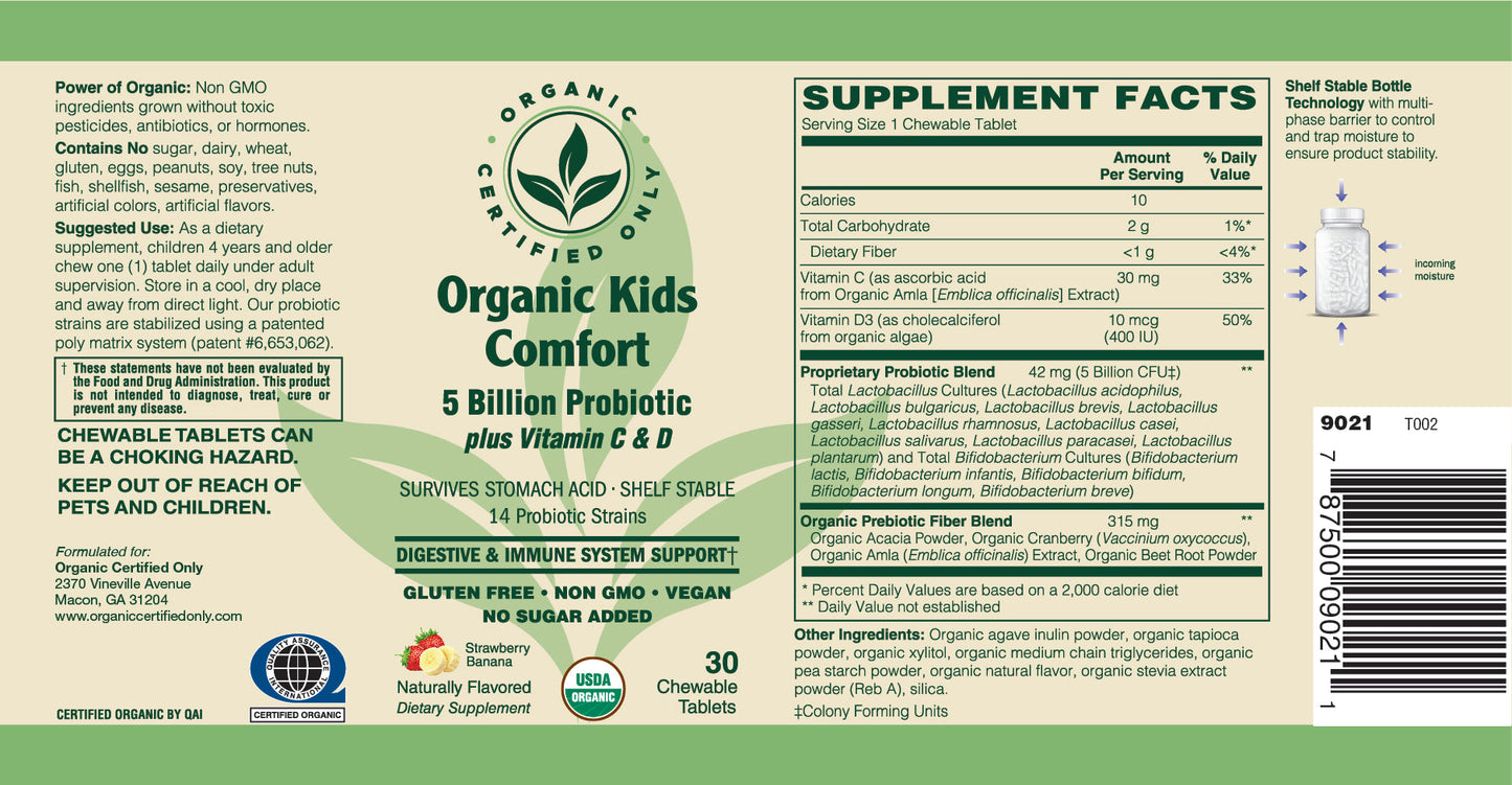 Certified Organic Kids Comfort 5 Billion Probiotic - Chewable Strawberry Bananna