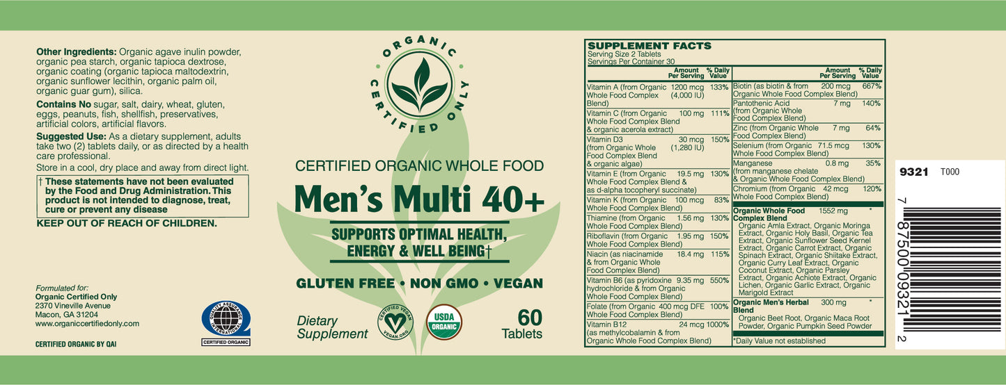 Certified Organic Whole Food Mens 40+ Multi (60 Tab)